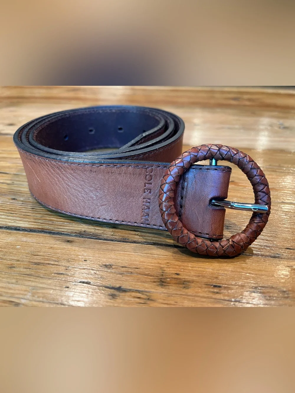 Vintage Cole Haan Women’s Brown Braided Round-Buckle Leather Belt • Size Medium
